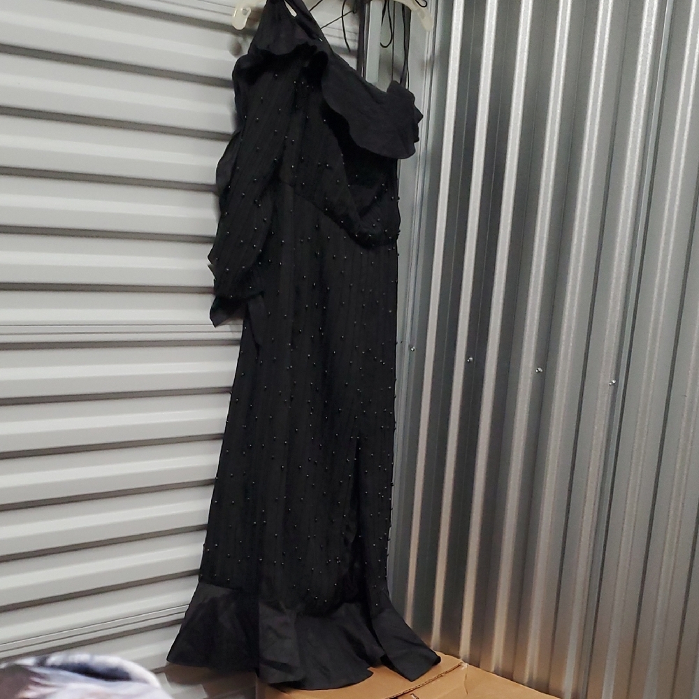 Sz 12 NWT $2495 Markarian Elegant Black Beaded One-Shoulder Dress